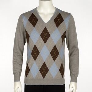 Brooks Brothers Argyle Sweater Extra Fine Italian Merino Wool Gray‎ Mens Large